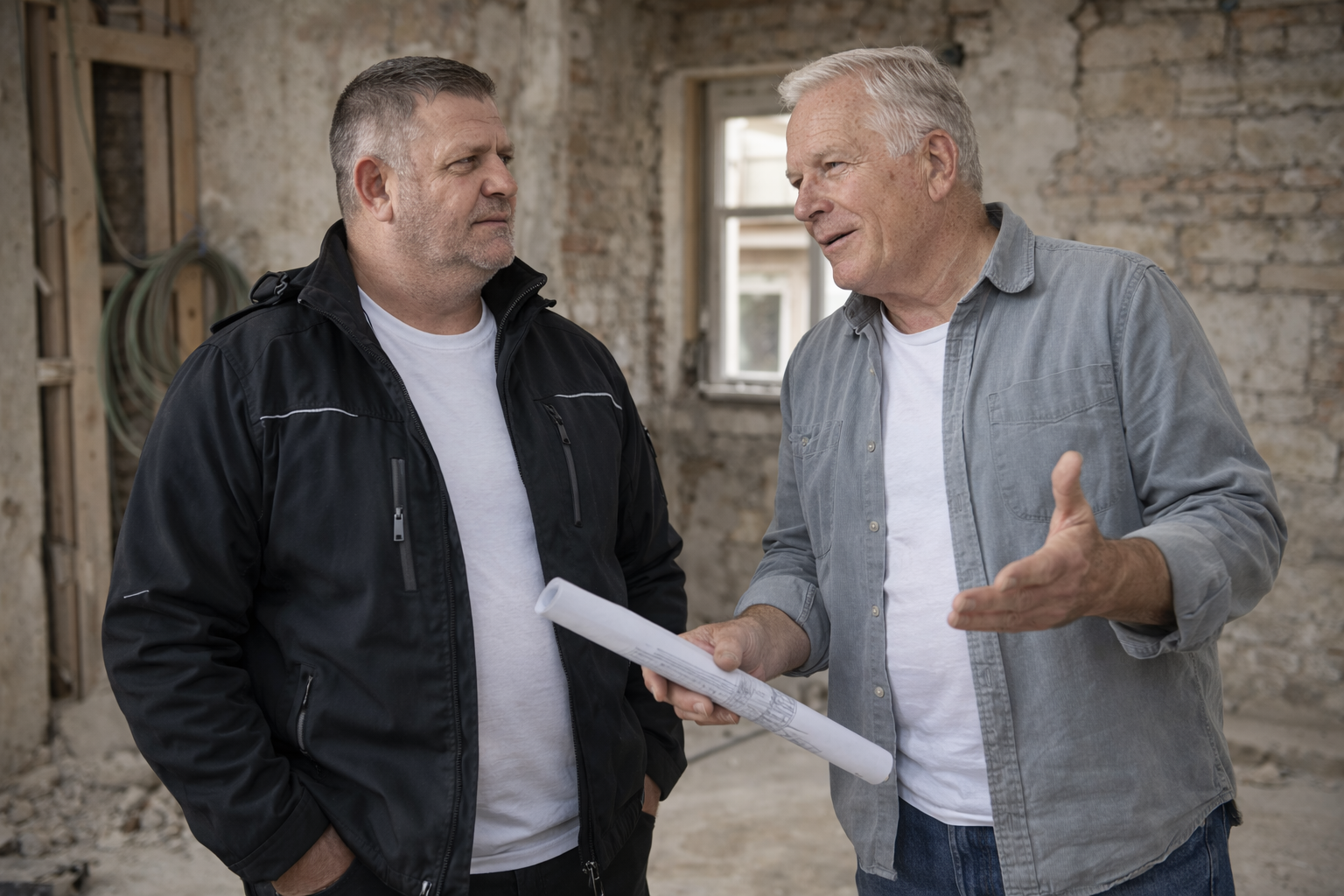 Bauunternehmer bespricht Renovierung eines Altbaus mit Kunden vor Ort in einer unsanierten Wohnung